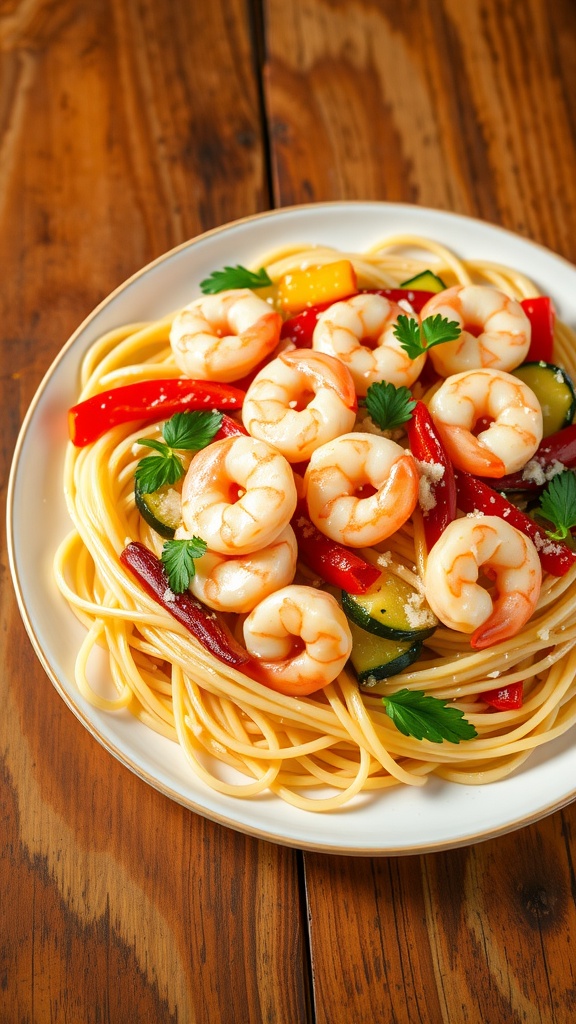 Garlic shrimp and veggie pasta with bell peppers, zucchini, and Parmesan on a rustic table.